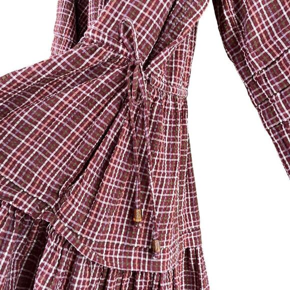 Madewell Seersucker Wrap Mini Dress in Dark Merlot Plaid Print Burgundy Red, XS‎ - Picture 10 of 16